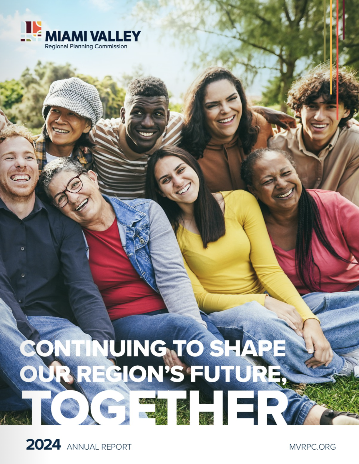 Cover of the Miami Valley Regional Planning Commission 2024 Annual Report, showing a group of smiling adults outdoors with the message, ‘Continuing to shape our region’s future, together.’