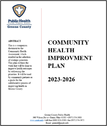 Cover of the Greene County Public Health Community Health Improvement Plan (2023–2026). Select to open the report PDF.