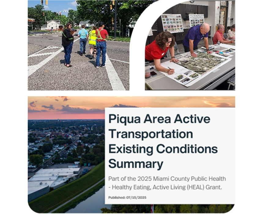 3 image collage showing people in the community and a pdf cover related to HEAL active transportation planning