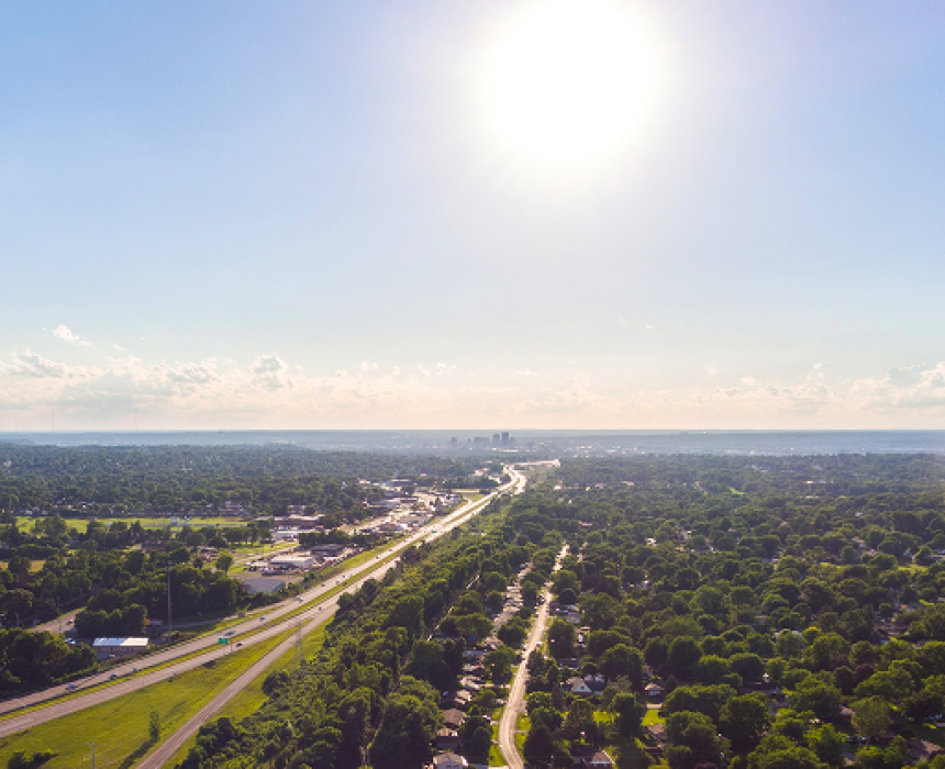 drone view of a city on a sunny day