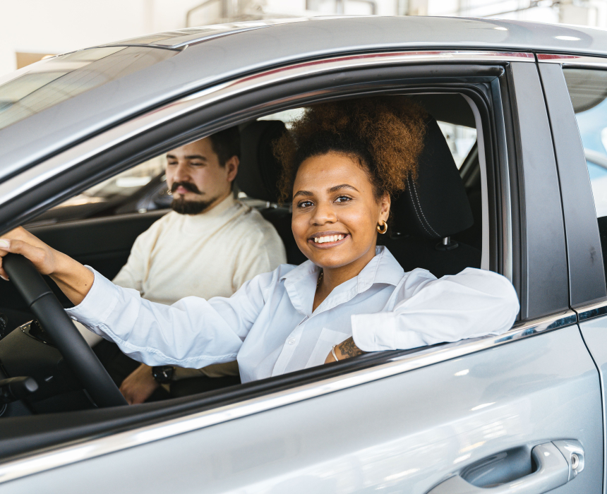 Two people driving to work together.